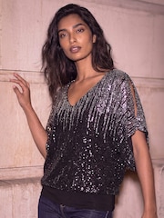 Roman Metallic Ombre Mesh Sequin Bow Back Blouse - Image 3 of 4