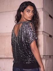Roman Metallic Ombre Mesh Sequin Bow Back Blouse - Image 4 of 4