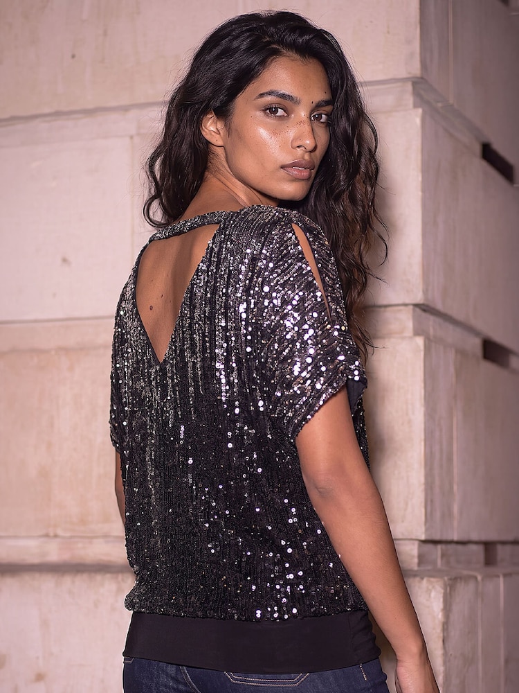 Roman Metallic Ombre Mesh Sequin Bow Back Blouse - Image 4 of 4 Roman Metallic Ombre Mesh Sequin Bow Back Blouse - Image 4 of 4