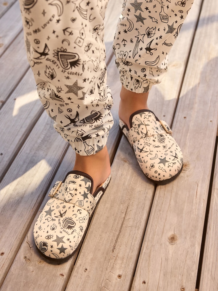 Rockett St George Ecru Cream Tattoos Print Footbed Clog Mule Slippers - Image 2 of 8