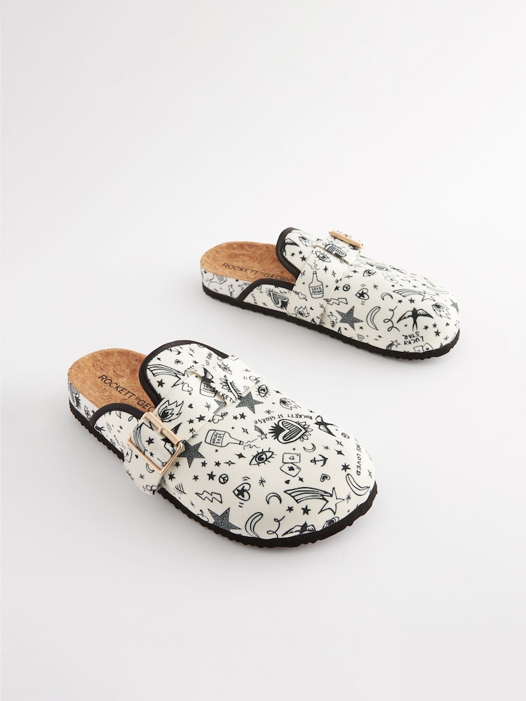 Rockett St George Ecru Cream Tattoos Print Footbed Clog Mule Slippers - Image 8 of 8