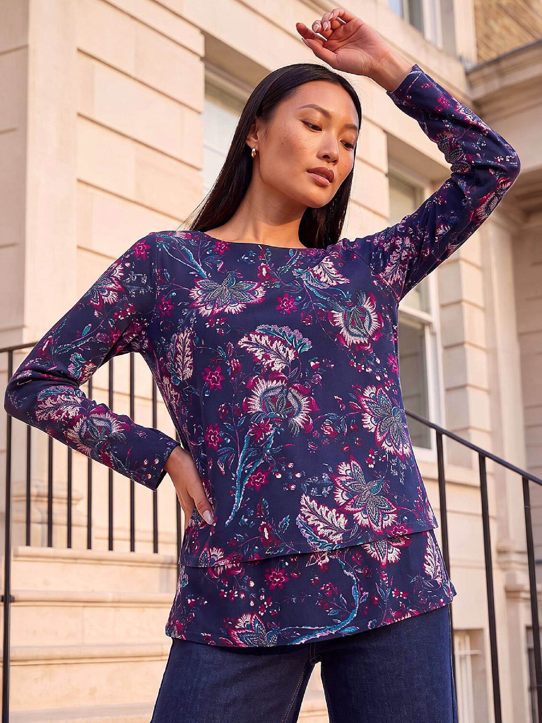 Roman Women's Navy Floral Double Layer Top In | : Size 20 - Image 7