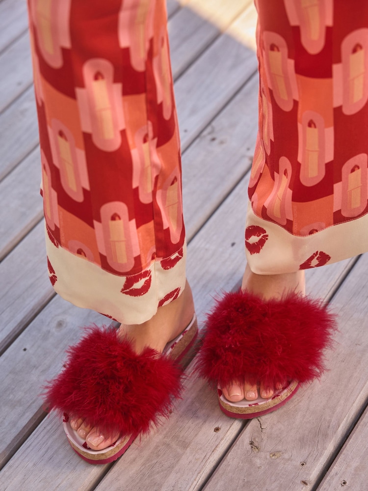 Rockett St George Red Lips Print Faux Fur Clog Sliders - Image 1 of 8