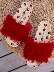 Rockett St George Red Lips Print Faux Fur Clog Sliders - Image 3 of 8