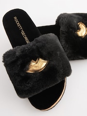 Rockett St George Black Lips Print Faux Fur Plush Clog Sliders - Image 6 of 8