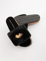 Rockett St George Black Lips Print Faux Fur Plush Clog Sliders - Image 8 of 8