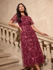 Roman Red Petite Embroidered Mesh Midi Dress - Image 1 of 4