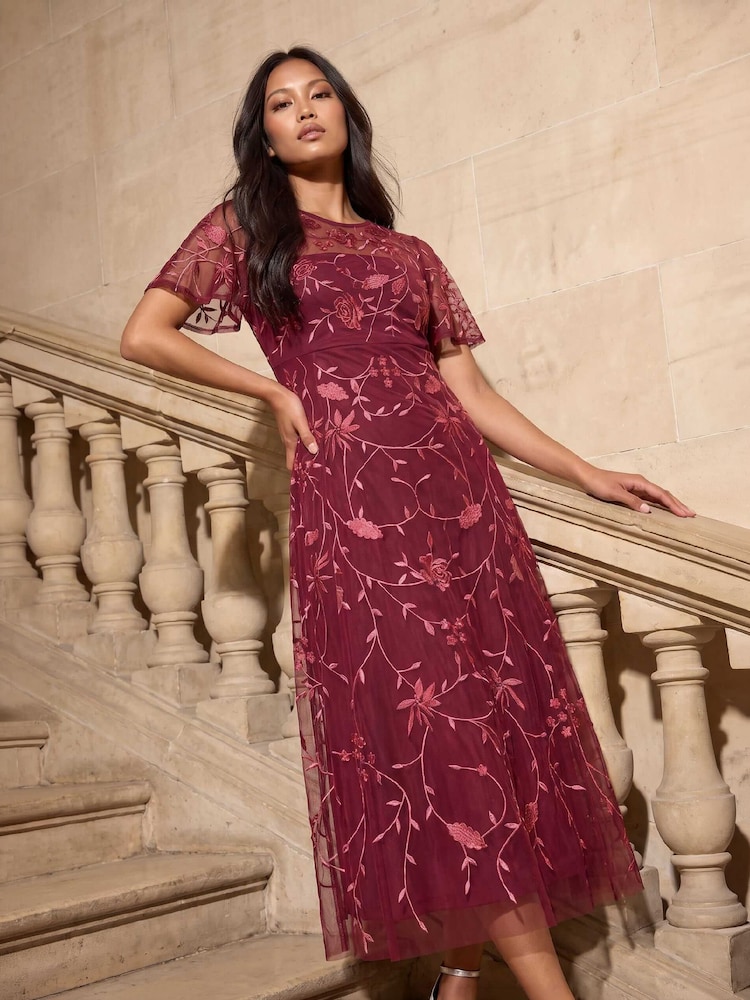 Roman Red Petite Embroidered Mesh Midi Dress - Image 1 of 4 Roman Red Petite Embroidered Mesh Midi Dress - Image 1 of 4
