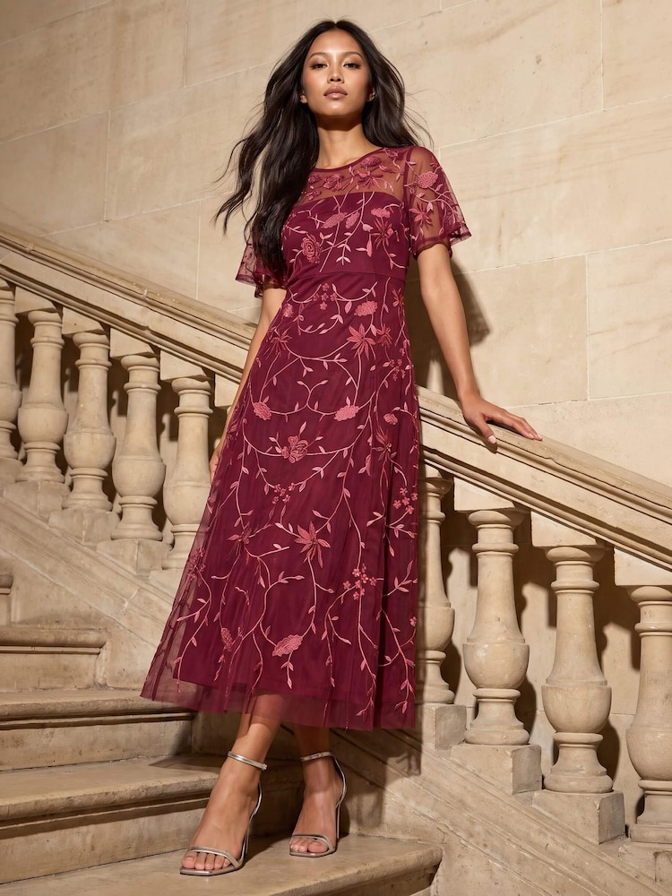 Roman Red Petite Embroidered Mesh Midi Dress - Image 2 of 4 Roman Red Petite Embroidered Mesh Midi Dress - Image 2 of 4