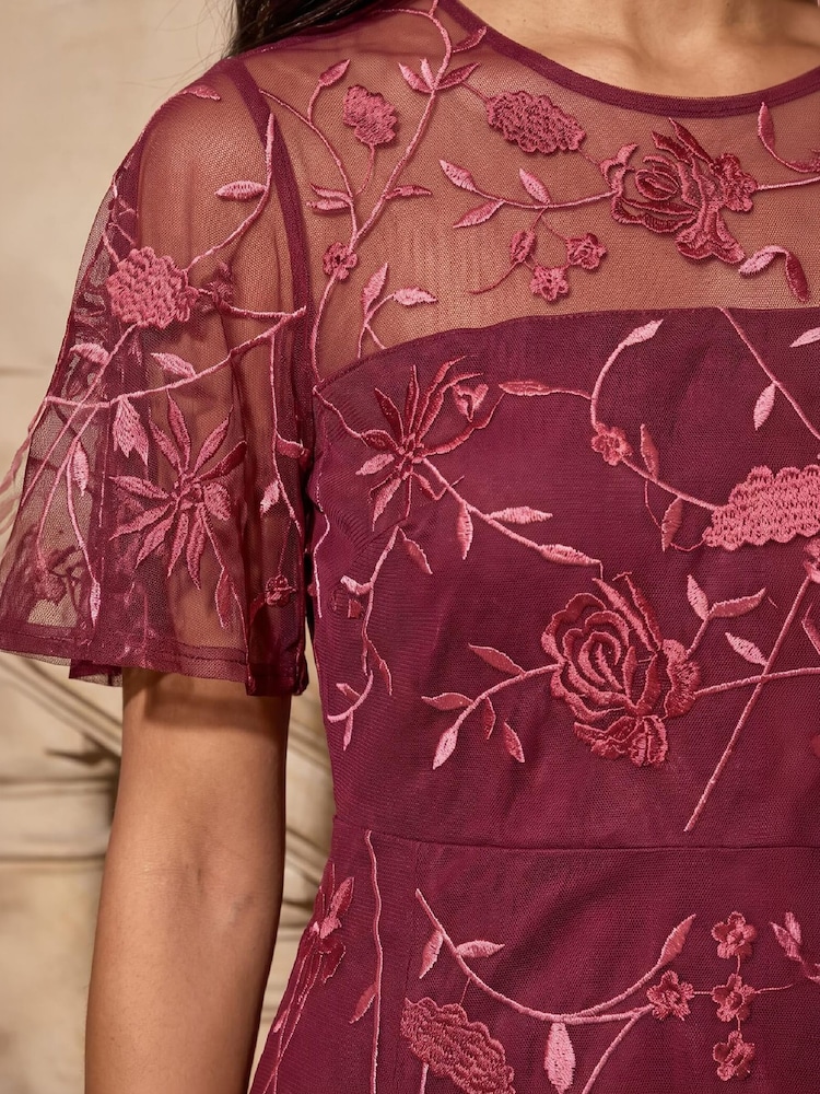 Roman Red Petite Embroidered Mesh Midi Dress - Image 4 of 4 Roman Red Petite Embroidered Mesh Midi Dress - Image 4 of 4