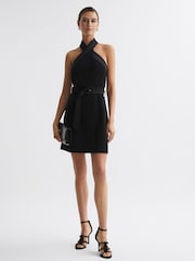 Reiss Black Alexis Fitted Halter Neck Mini Dress - Image 1 of 4