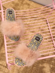 Rockett St George Pale Pink Banana Print Faux Fur Open Mules - Image 1 of 11