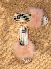 Rockett St George Pale Pink Banana Print Faux Fur Open Mules - Image 2 of 11