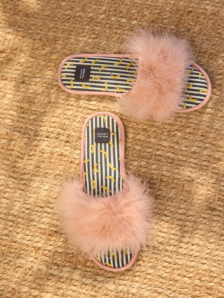 Rockett St George Pale Pink Banana Print Faux Fur Open Mules - Image 2 of 11