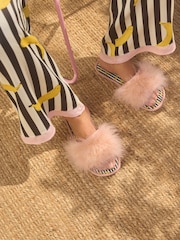 Rockett St George Pale Pink Banana Print Faux Fur Open Mules - Image 3 of 11