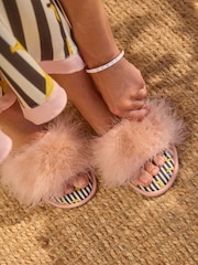 Rockett St George Pale Pink Banana Print Faux Fur Open Mules - Image 5 of 11