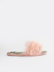 Rockett St George Pale Pink Banana Print Faux Fur Open Mules - Image 7 of 11