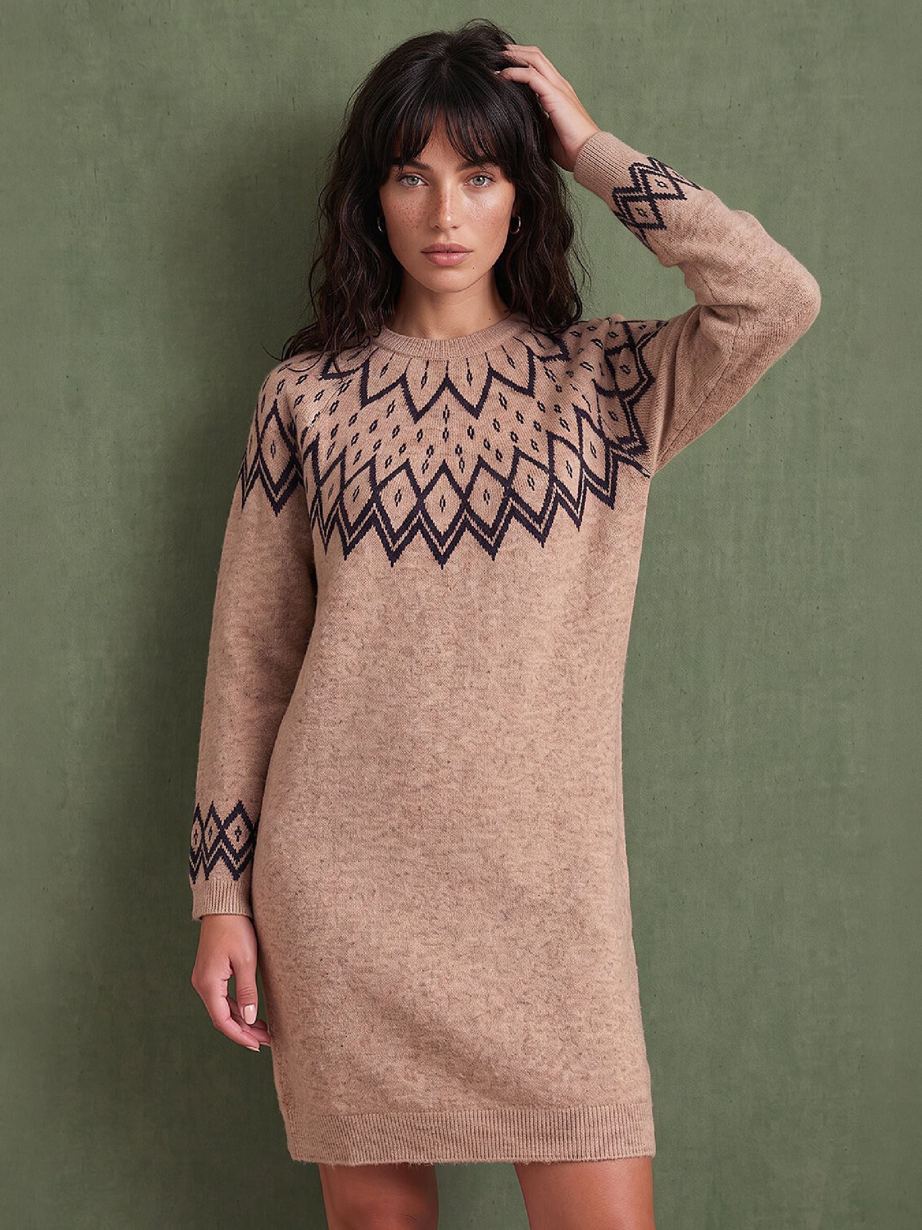 Roman Women's Beige Fairisle Knit Dress In Size 16 - Image 4