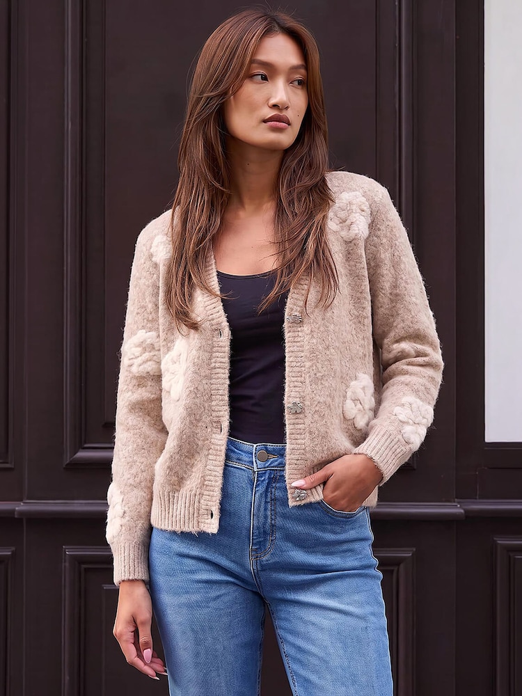 Roman Natural Embossed Floral Knit Cardigan - Image 1 of 4 Roman Natural Embossed Floral Knit Cardigan - Image 1 of 4