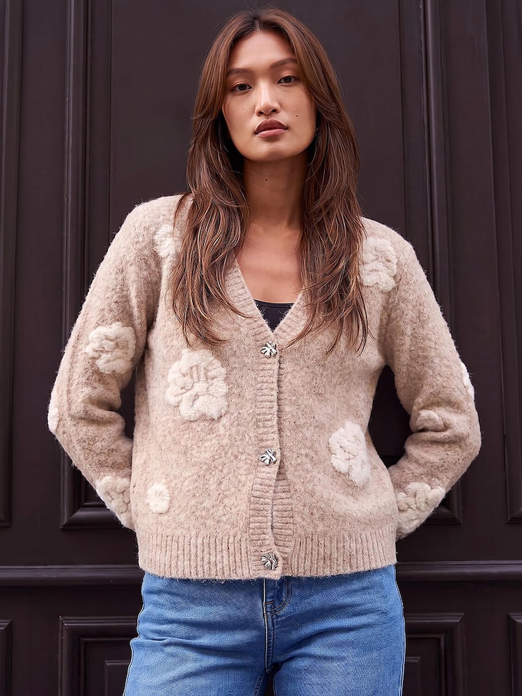 Roman Natural Embossed Floral Knit Cardigan - Image 2 of 4 Roman Natural Embossed Floral Knit Cardigan - Image 2 of 4
