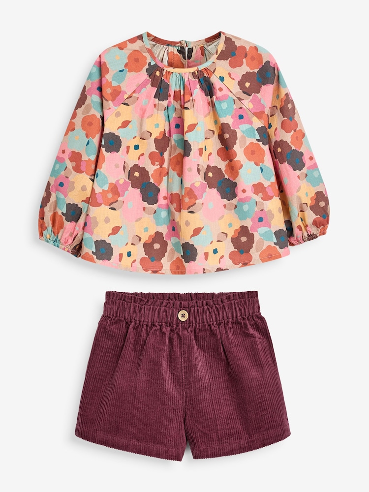 Pink Floral 100% Cotton Blouse Shorts and Tights Set (3mths-7yrs) - Image 1 of 3