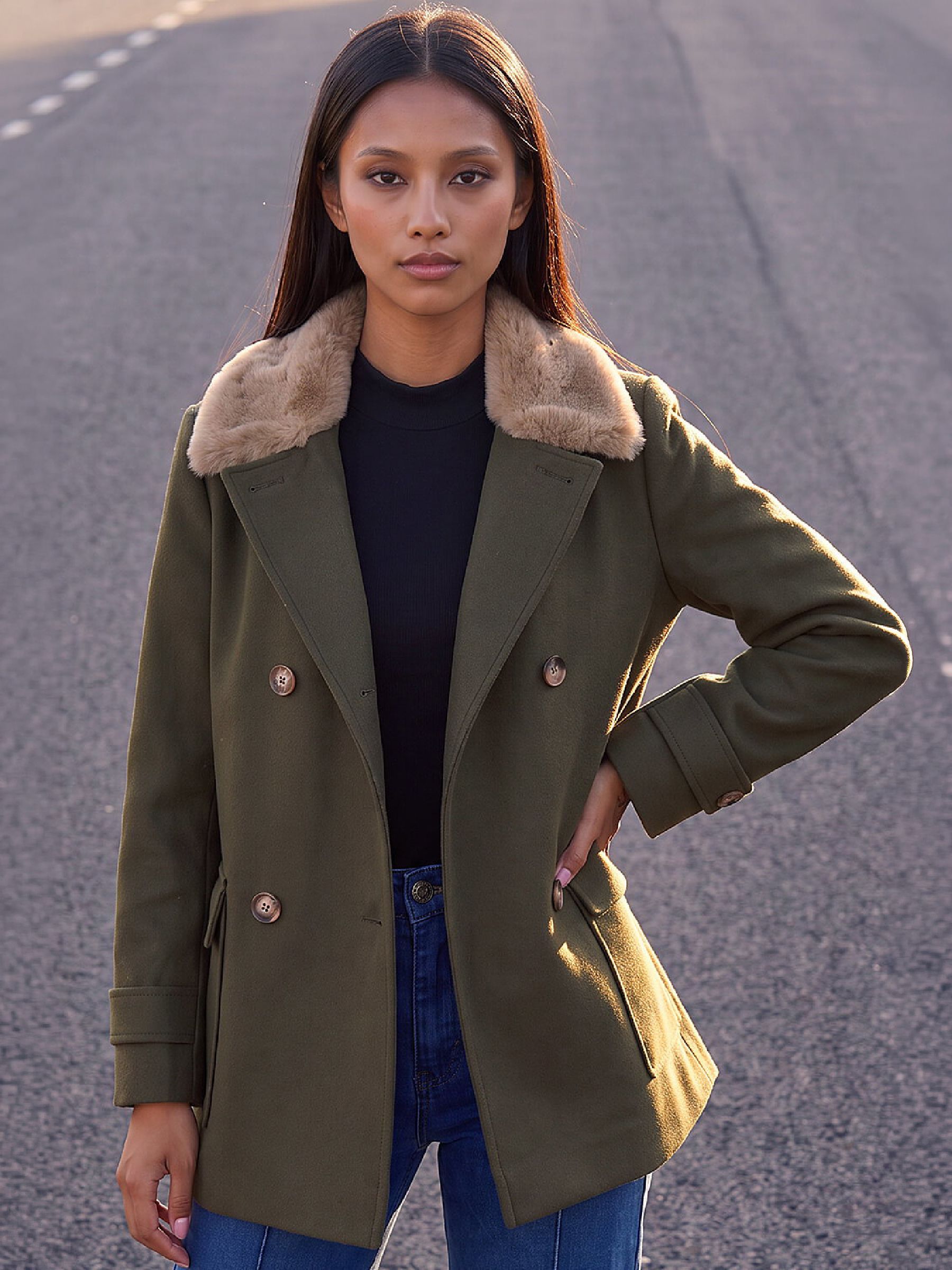 Roman Women's Khaki Petite Double Breasted Faux Fur Coat In Size 16 - Image 2