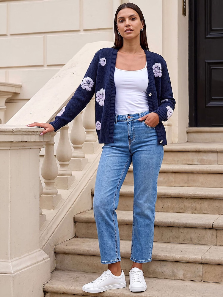 Roman Blue Embossed Floral Knit Cardigan - Image 2 of 4 Roman Blue Embossed Floral Knit Cardigan - Image 2 of 4
