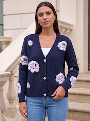 Roman Blue Embossed Floral Knit Cardigan - Image 3 of 4