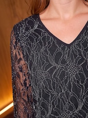 Roman Black Lace Mesh Long Sleeve Top - Image 4 of 4