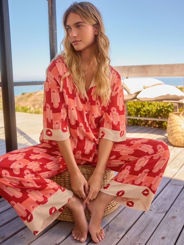 Rockett St George Red Lips Print Woven Button Through Pyjamas - Image 1 of 10