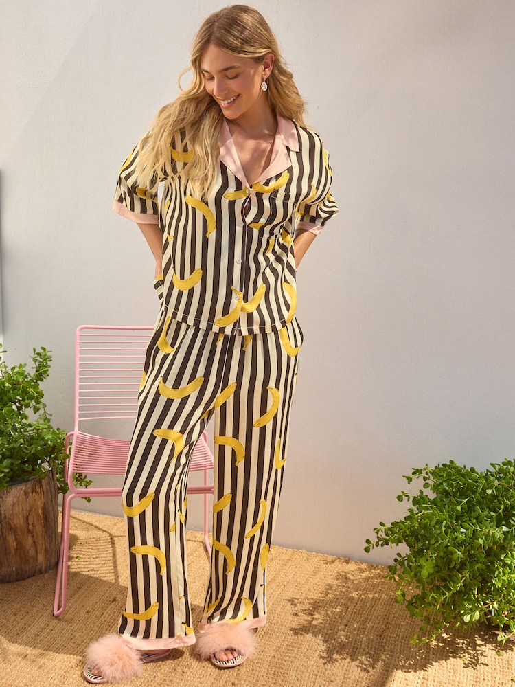 Rockett St George Monochrome Stripe Banana Print Woven Button Through Pyjamas - Image 2 of 10