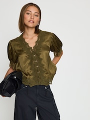 Anthropologie Green Stella Satin Lace-Trim Blouse - Image 1 of 4