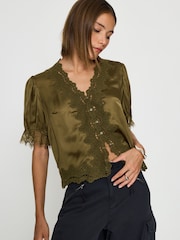 Anthropologie Green Stella Satin Lace-Trim Blouse - Image 2 of 4