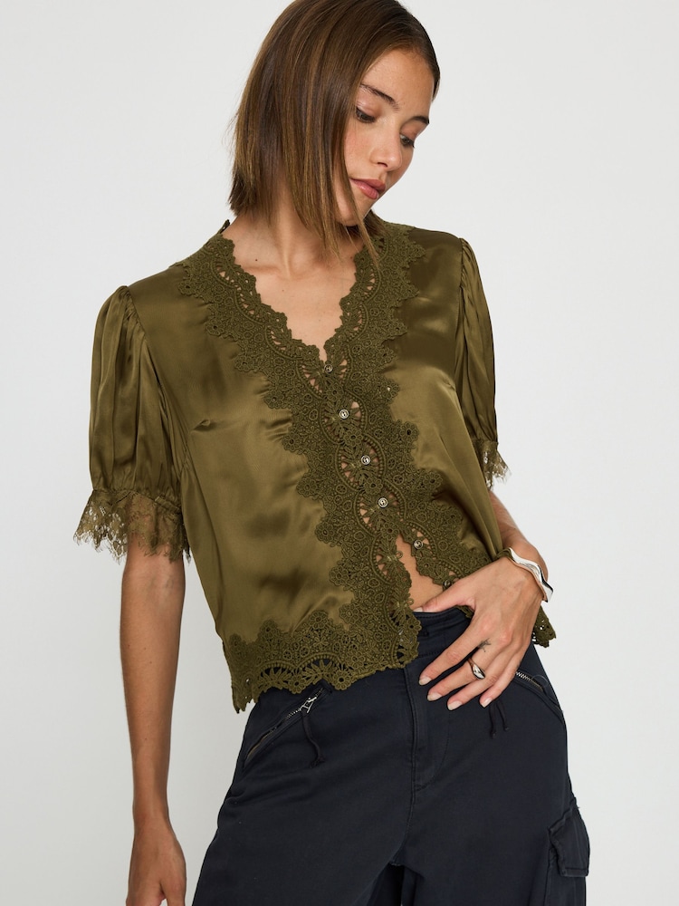 Anthropologie Green Stella Satin Lace-Trim Blouse - Image 2 of 4