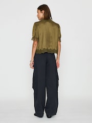 Anthropologie Green Stella Satin Lace-Trim Blouse - Image 3 of 4
