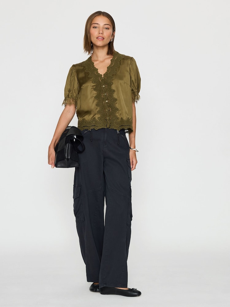 Anthropologie Green Stella Satin Lace-Trim Blouse - Image 4 of 4