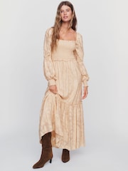 Anthropologie Nude Tiered Puff-Sleeve Midi Dress - Image 1 of 4