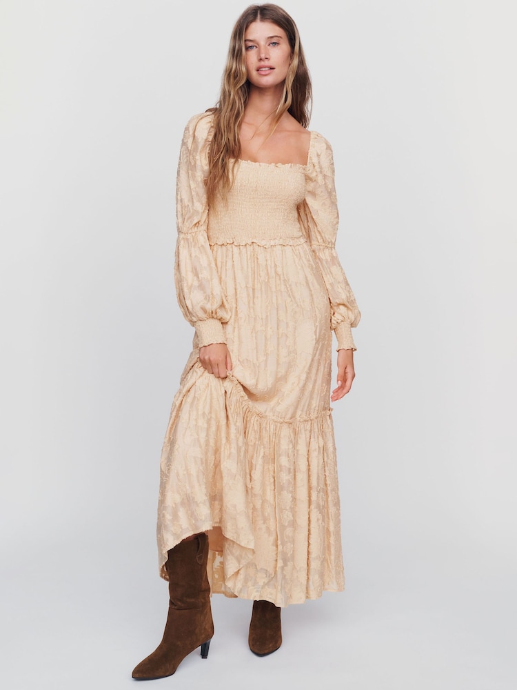 Anthropologie Nude Tiered Puff-Sleeve Midi Dress - Image 1 of 4 Anthropologie Nude Tiered Puff-Sleeve Midi Dress - Image 1 of 4