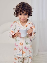 Chelsea Peers Natural Kids Dinosaur Print Button Up Long Pyjama Set - Image 1 of 8
