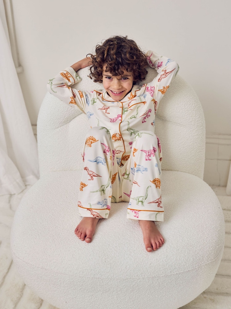 Chelsea Peers Natural Kids Dinosaur Print Button Up Long Pyjama Set - Image 2 of 8 Chelsea Peers Natural Kids Dinosaur Print Button Up Long Pyjama Set - Image 2 of 8
