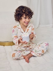 Chelsea Peers Natural Kids Dinosaur Print Button Up Long Pyjama Set - Image 3 of 8
