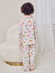 Chelsea Peers Natural Kids Dinosaur Print Button Up Long Pyjama Set - Image 4 of 8