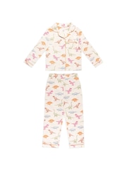 Chelsea Peers Natural Kids Dinosaur Print Button Up Long Pyjama Set - Image 6 of 8
