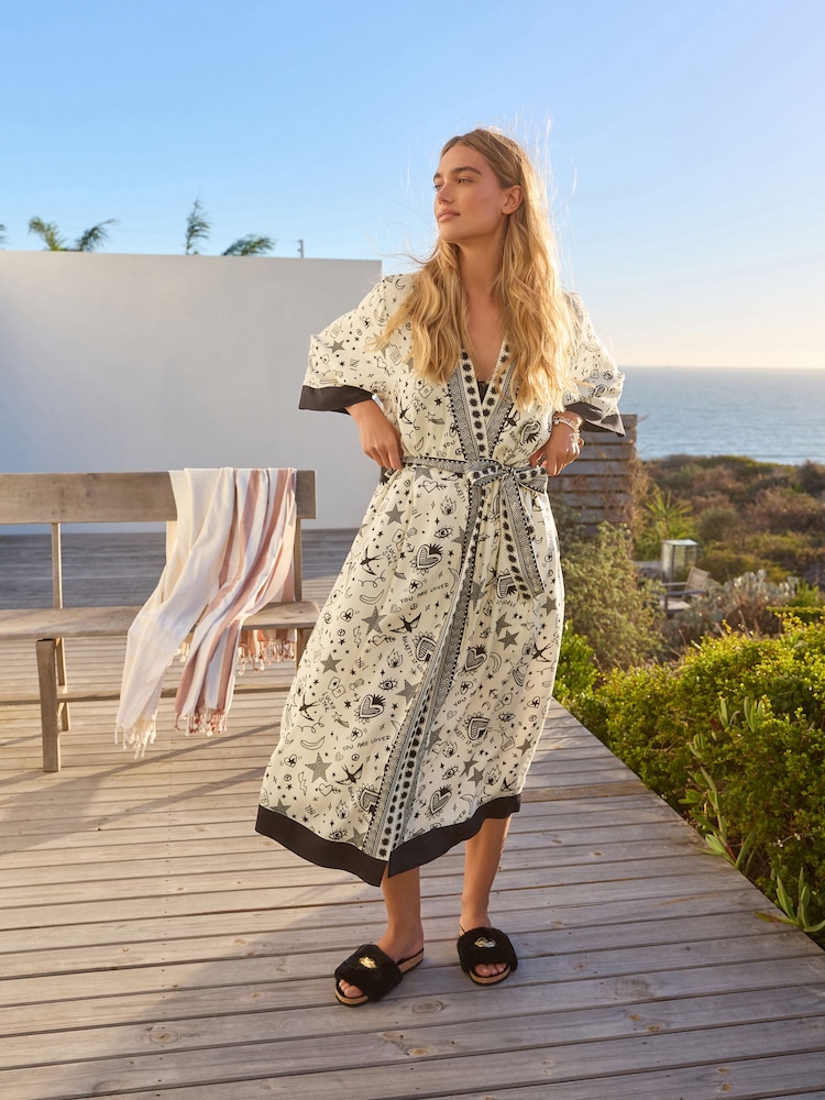 Rockett St George Ecru Cream Line Drawing Print Woven Wrap Dressing Gown - Image 3 of 7