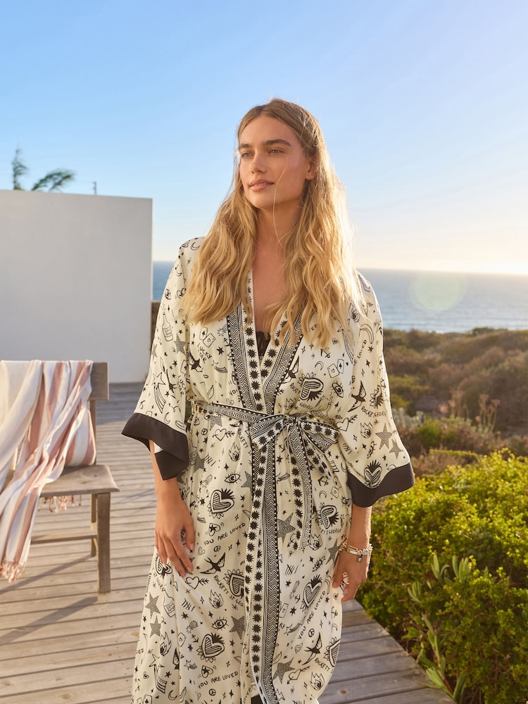 Rockett St George Ecru Cream Line Drawing Print Woven Wrap Dressing Gown - Image 4 of 7