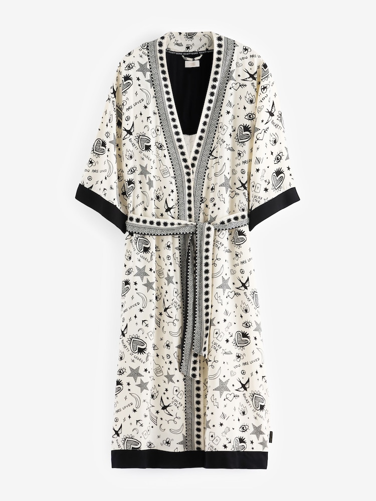 Rockett St George Ecru Cream Line Drawing Print Woven Wrap Dressing Gown - Image 6 of 7