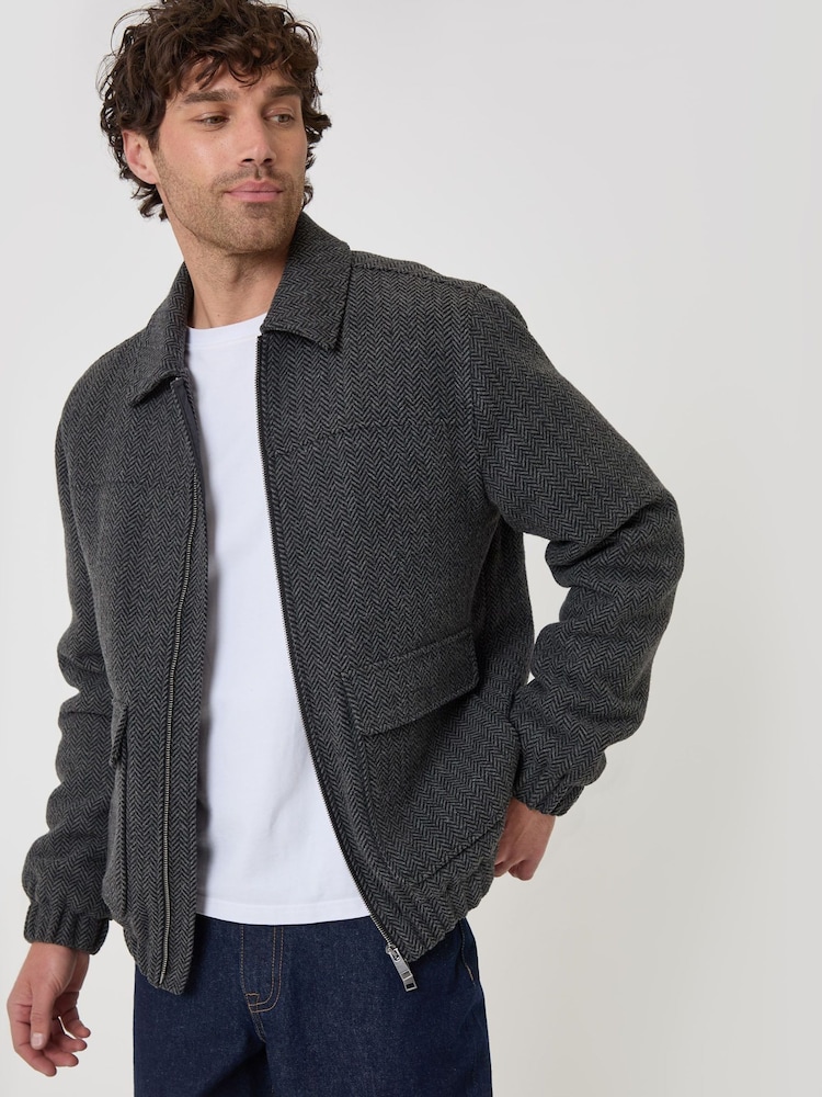 Threadbare Grey Herringbone Faux Wool Collared Jacket - Image 1 of 5 Threadbare Grey Herringbone Faux Wool Collared Jacket - Image 1 of 5