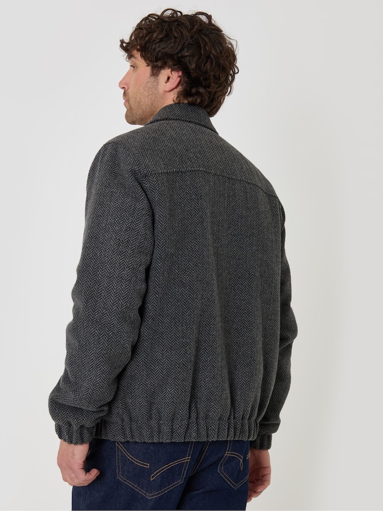 Threadbare Grey Herringbone Faux Wool Collared Jacket - Image 2 of 5 Threadbare Grey Herringbone Faux Wool Collared Jacket - Image 2 of 5
