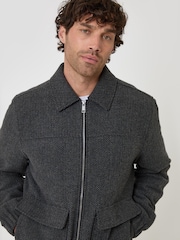 Threadbare Grey Herringbone Faux Wool Collared Jacket - Image 4 of 5