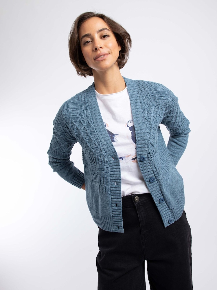 Weird Fish Blue Amiens Mixed Stitch Cardigan - Image 1 of 7 Weird Fish Blue Amiens Mixed Stitch Cardigan - Image 1 of 7